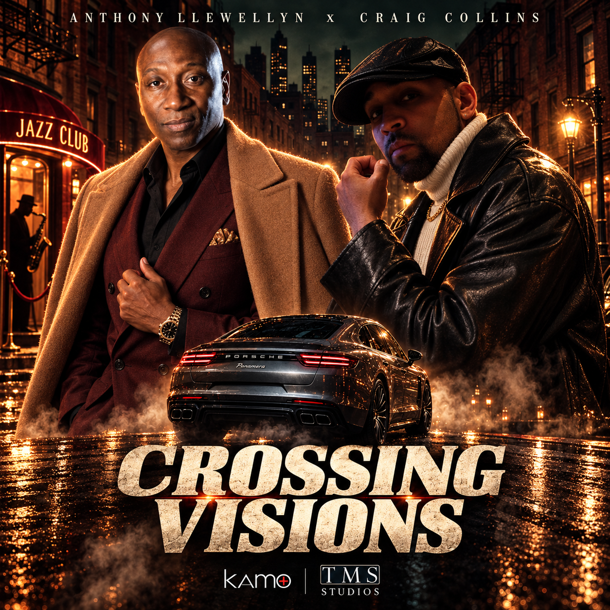 Crossing Visions collaborative EP cover by Anthony Llewellyn x Craig Collins, with KAMO and TMS Studios branding